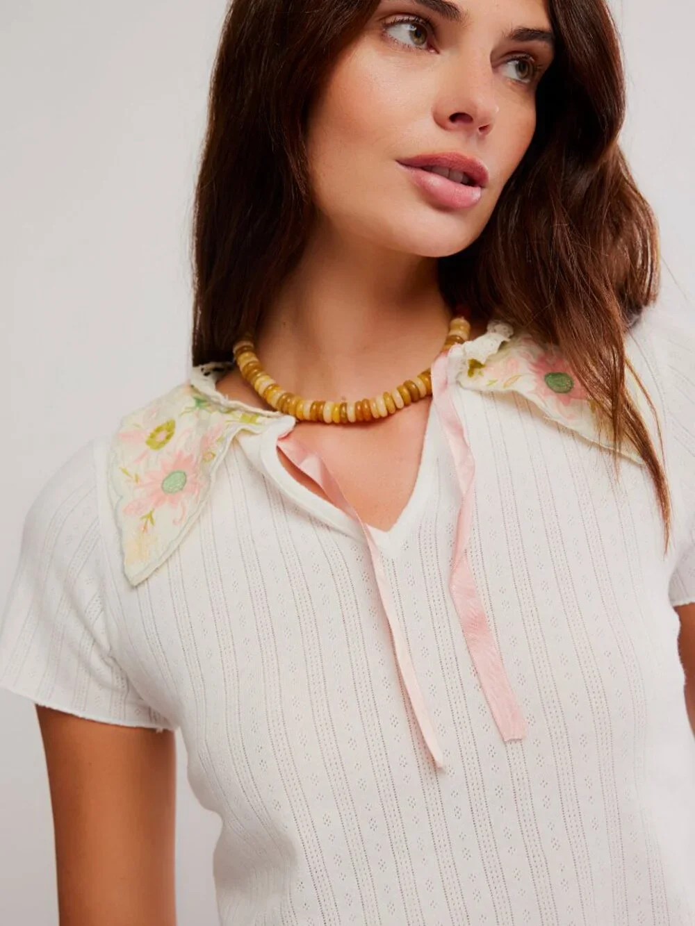 Free People Pointelle Blouse with Bow & Peter Pan Collar